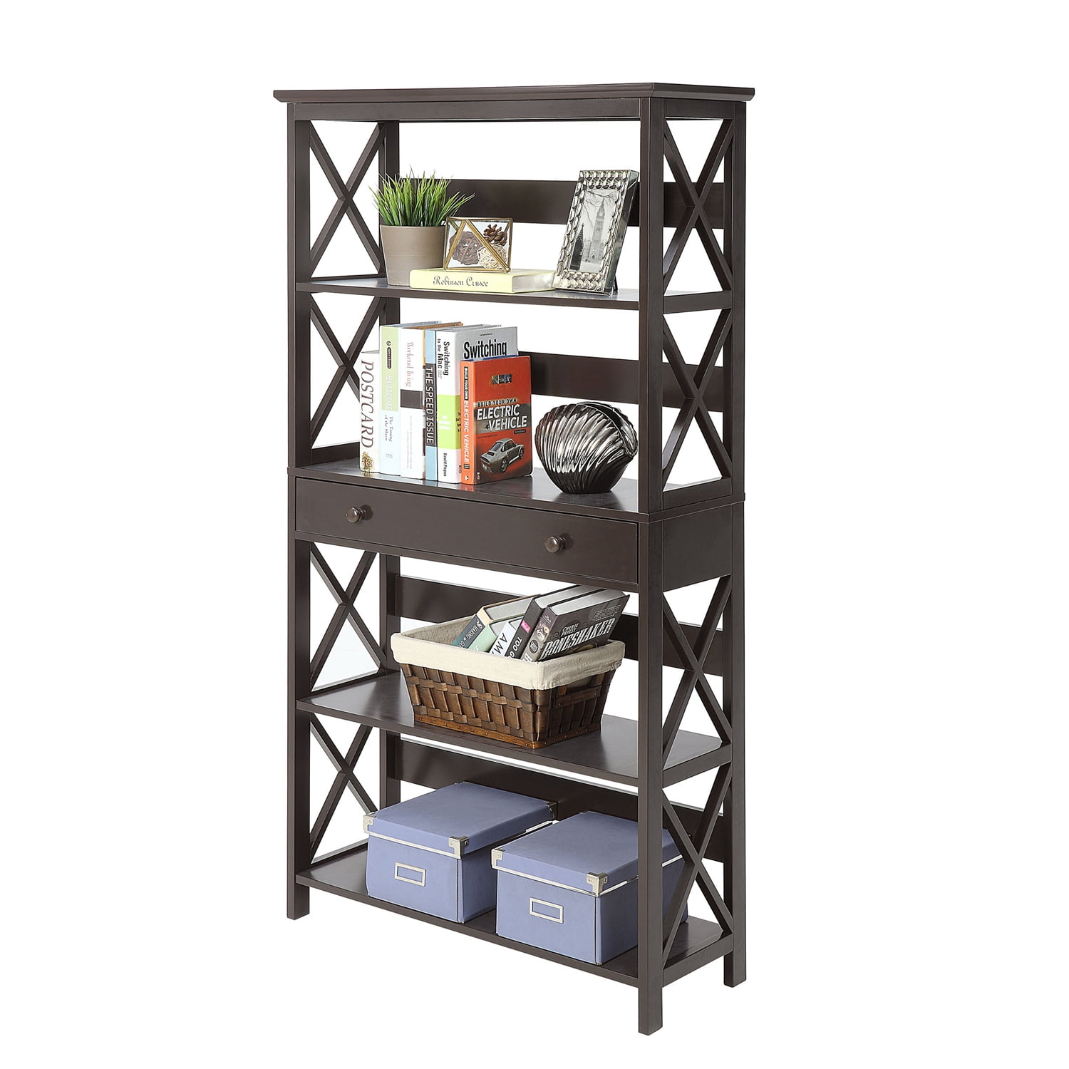 Oxford 4 Tier Bookcase with Drawer, Espresso