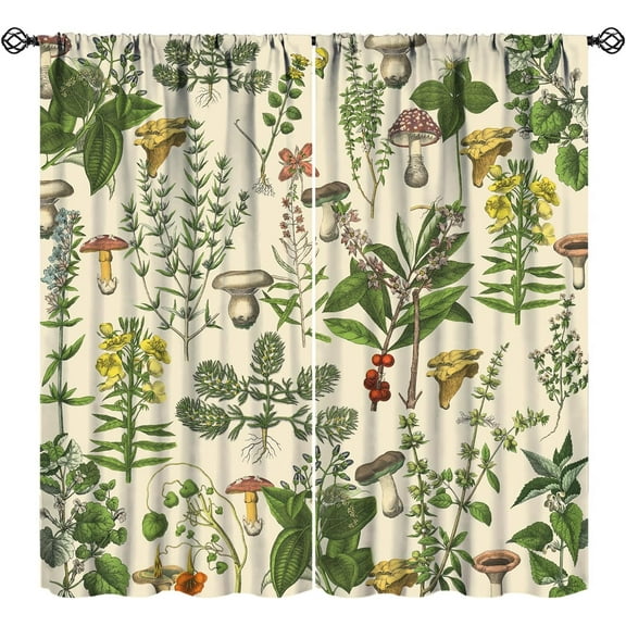 Vintage Botanical Curtains,Antique 1900s Plants Herbs Mushroom Window Drapes for Kitchen,Boho Retro Wildflower Green Leaf Ferns Farmhouse Window Treatment for Living Room 42x54 Inch