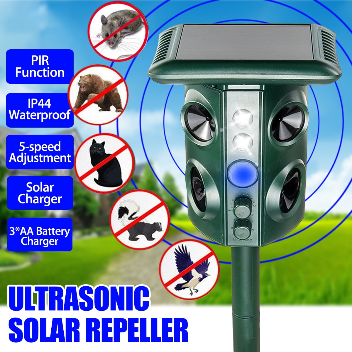 5Speed Ultrasonic Pest and Animal Repeller, Solar Battery Powered