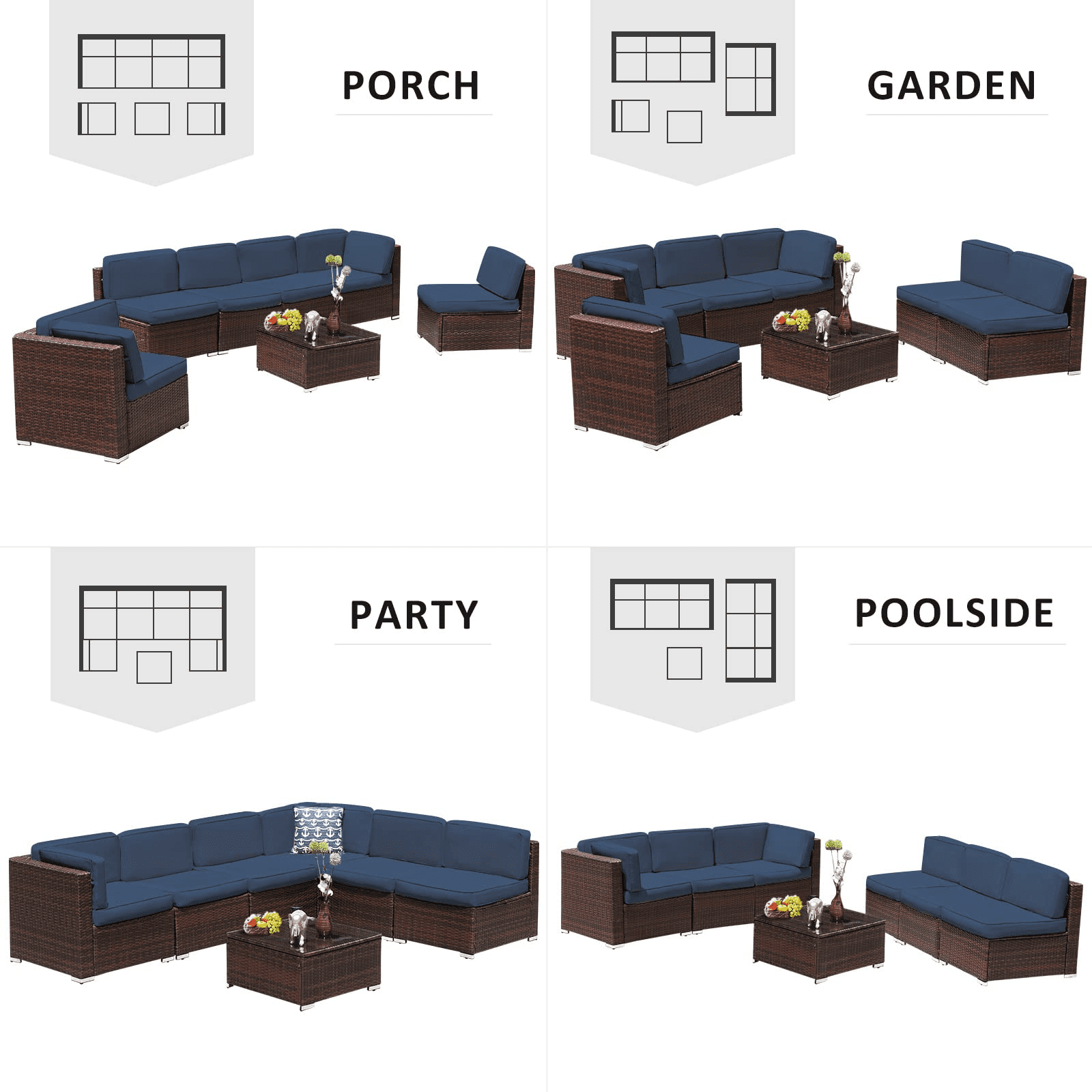 Amopatio 7 Pieces Patio Conversation Set, Outdoor Sectional PE Rattan Wicker Furniture Seat,Blue