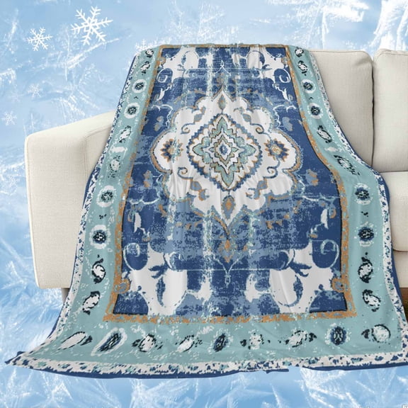 Blue Boho Cooling Blanket,Lightweight Breathable Summer Throw Blanket with Double Sided Cold Effect,Farmhouse Bohemian Medallion Oriental Flower Picnic Blankets Bed Sheet for Hot Sleepers 60"x80"