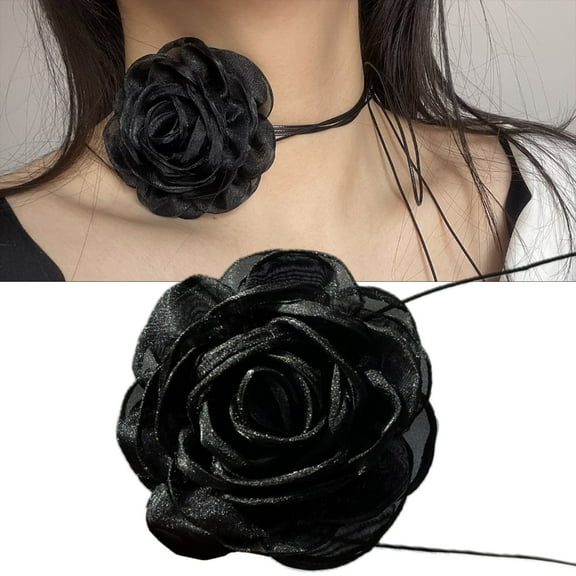 AOOOWER Boho Black Flower Choker Necklace Rose Flower Collar Necklace Yarn-Collar