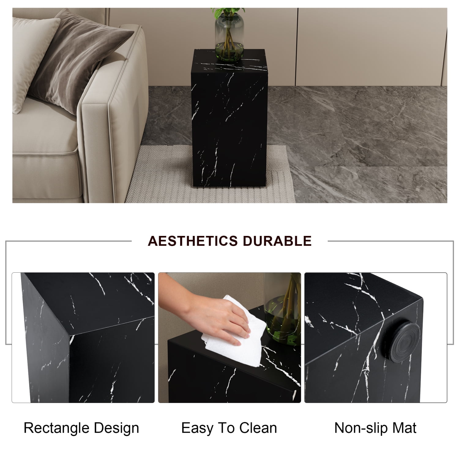 11.8*11.8*19.6 Inch Black Marble Texture MDF Coffee Table Modern Living Room Accent