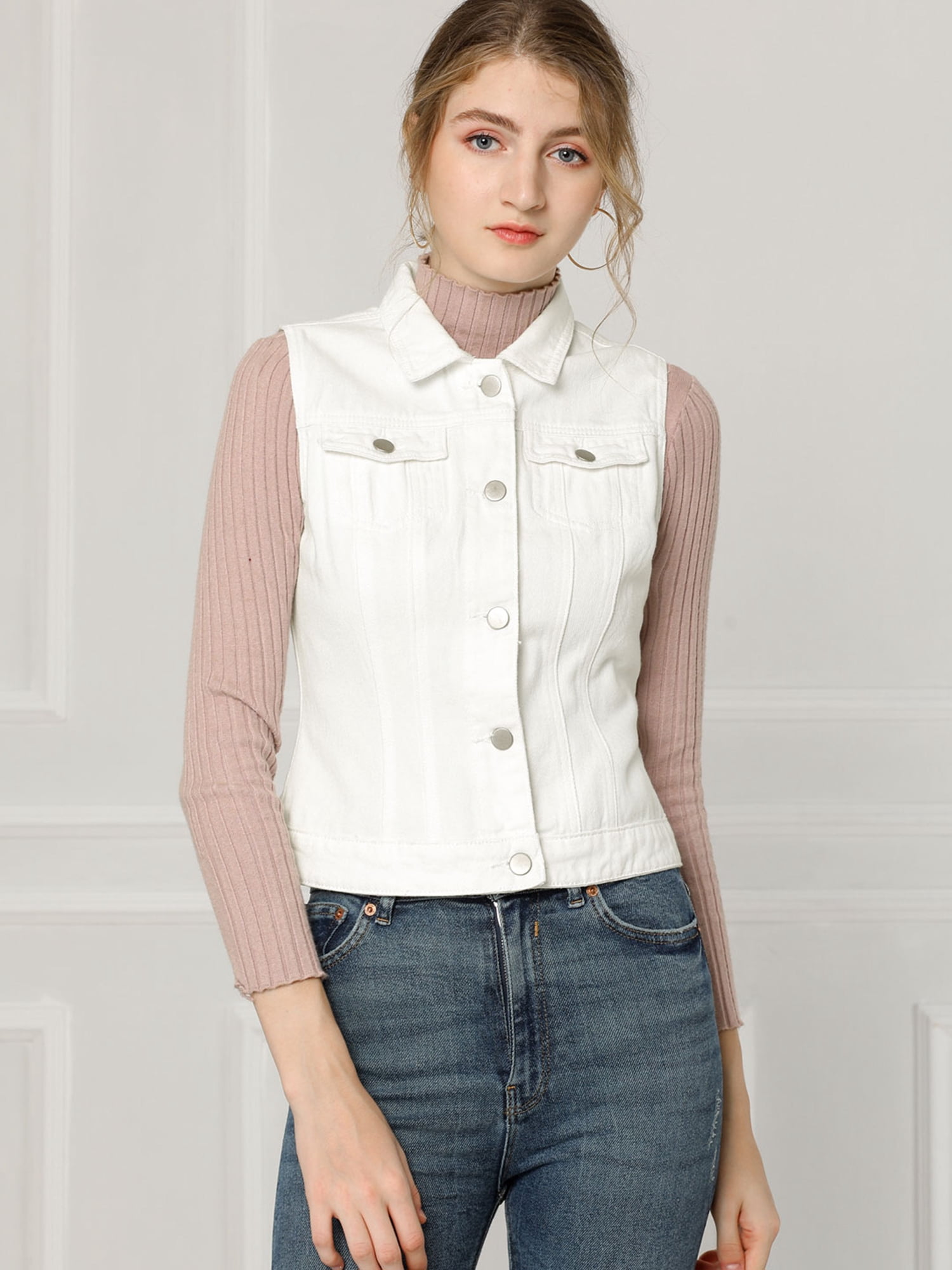 DARING DIVA Women's Denim Sleeveless Flap Pockets Vest Jacket 3XL White