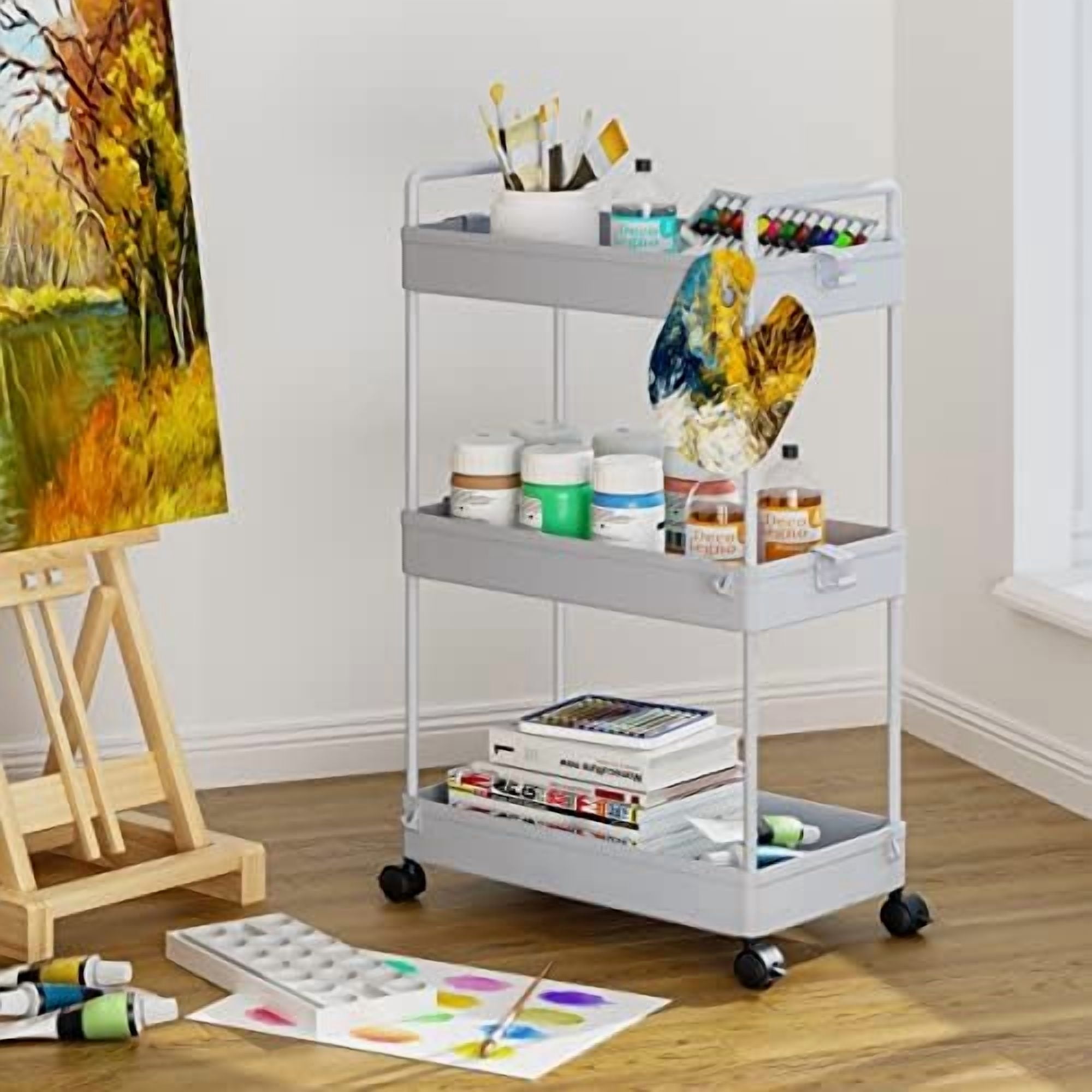 3 Tier Slim Rolling Storage Cart with Wheels Plastic Utility Cart Organizer for Snack Craft Art Postpartum Baby Diaper Nail Makeup in Bathroom Laundry Room Kitchen Bedside Narrow Space, Grey