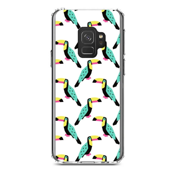 DistinctInk Clear Shockproof Hybrid Case for Samsung Galaxy S9 (5.8" Screen) - TPU Bumper, Acrylic Back, Tempered Glass Screen Protector - Summer Graphics - Toucan Pattern - Teal