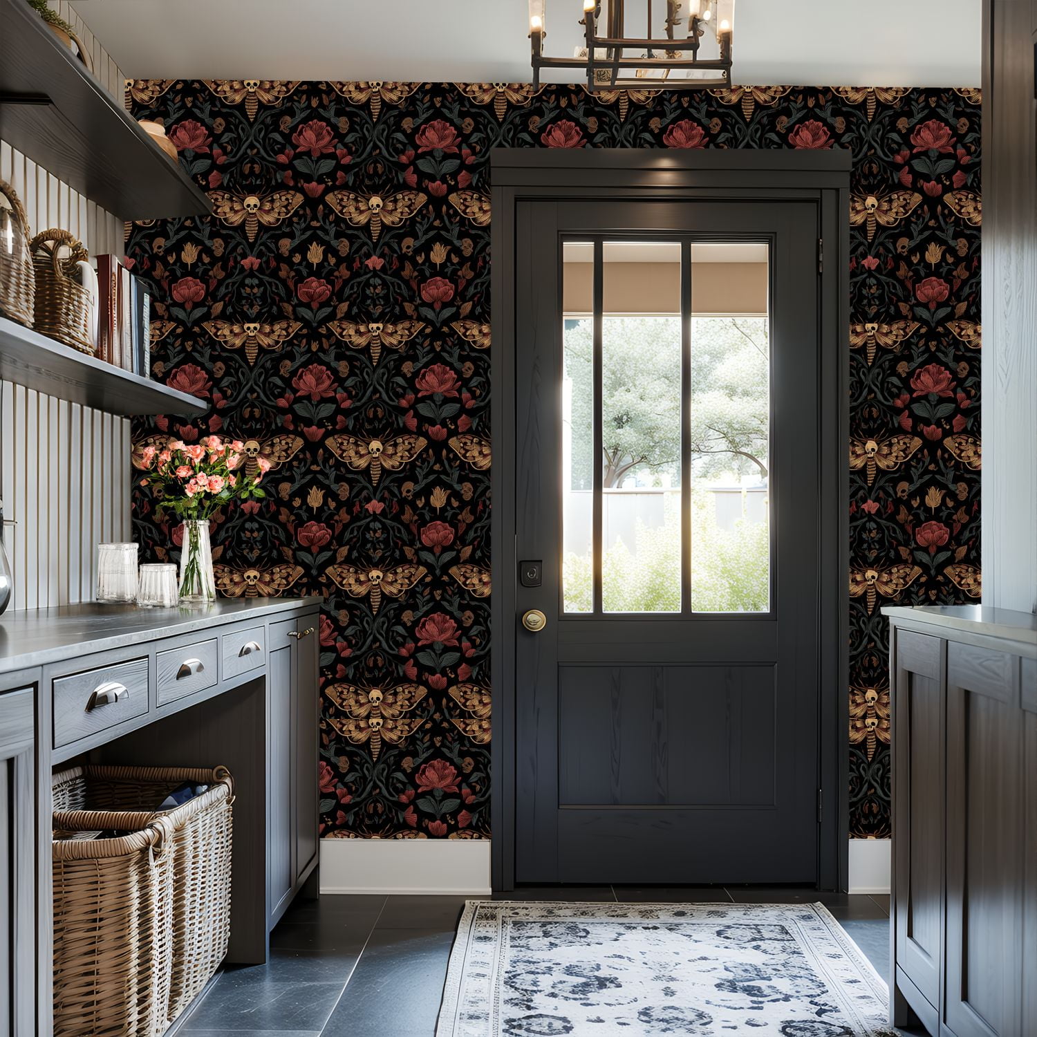 Vintage Peel and Stick Wallpaper Dark Gothic Moth Skull Red Flowers Botanical Wall Mural 17.7in x 9.8ft Self Adhesive Removable Wall Paper Renter Friendly Wallpaper for Nursery Bedroom Cabinets