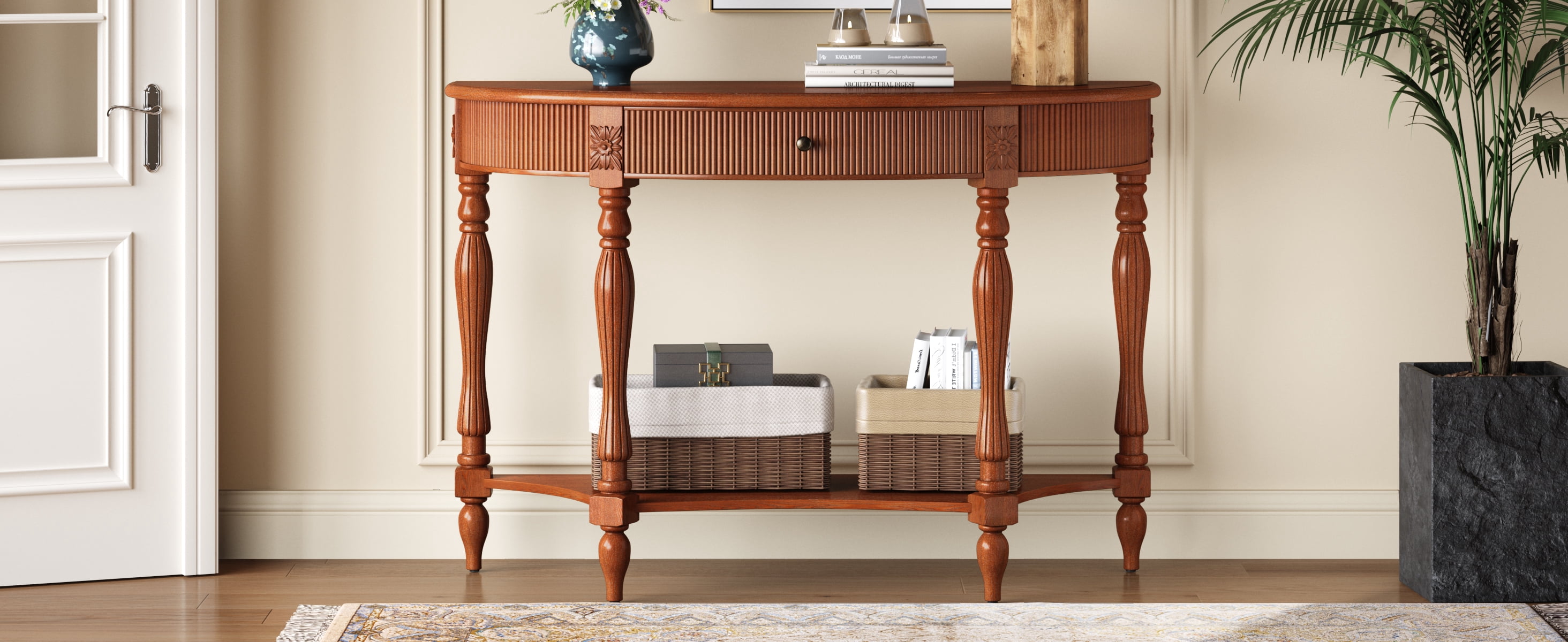 Solid Wood Half Moon Console Table with Drawer & Shelf, Fluted Vintage Curved Entryway Table for Hallway Living Room Foyer, Narrow Space Sofa Table with Roman Column Carved Legs, Rustic Brown