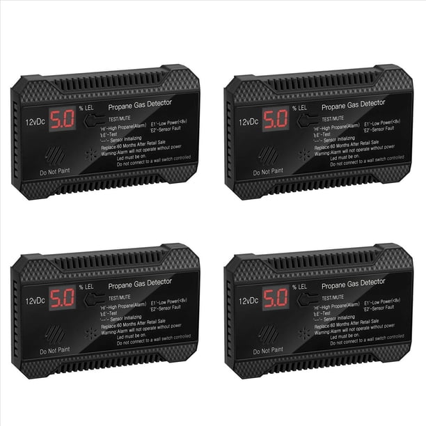 4X Detector de Propano 12V LPG Sensor de Gas Natural Alarma de Fuga 85DB Sirena para AutomóVil RV Hogar Medidor de Prueba de Propano Digital (Negro)