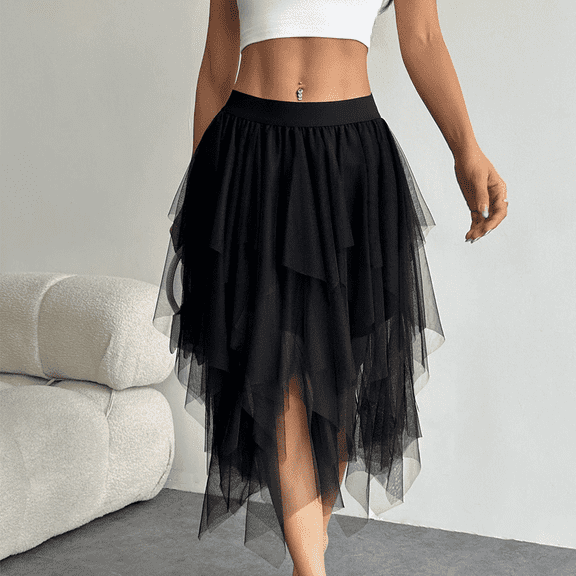 Women's Tulle Skirts High Low Layered Puffy Fairy Skirts Midi Length Irregular Tutu Skirt Black M