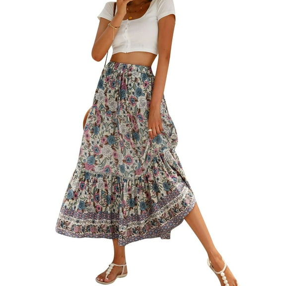 Women Bohemian Vintage Floral Long Skirts Summer Boho Elastic Waist A Line Flowy Maxi Skirt