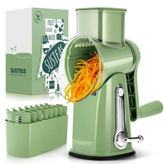 SUSTEAS Rotary Cheese Grater with Handle, 5 Blades, Suction Base, Mandoline Slicer & Vegetable Grater, Includes Bonus Blade Storage Box for Kitchen