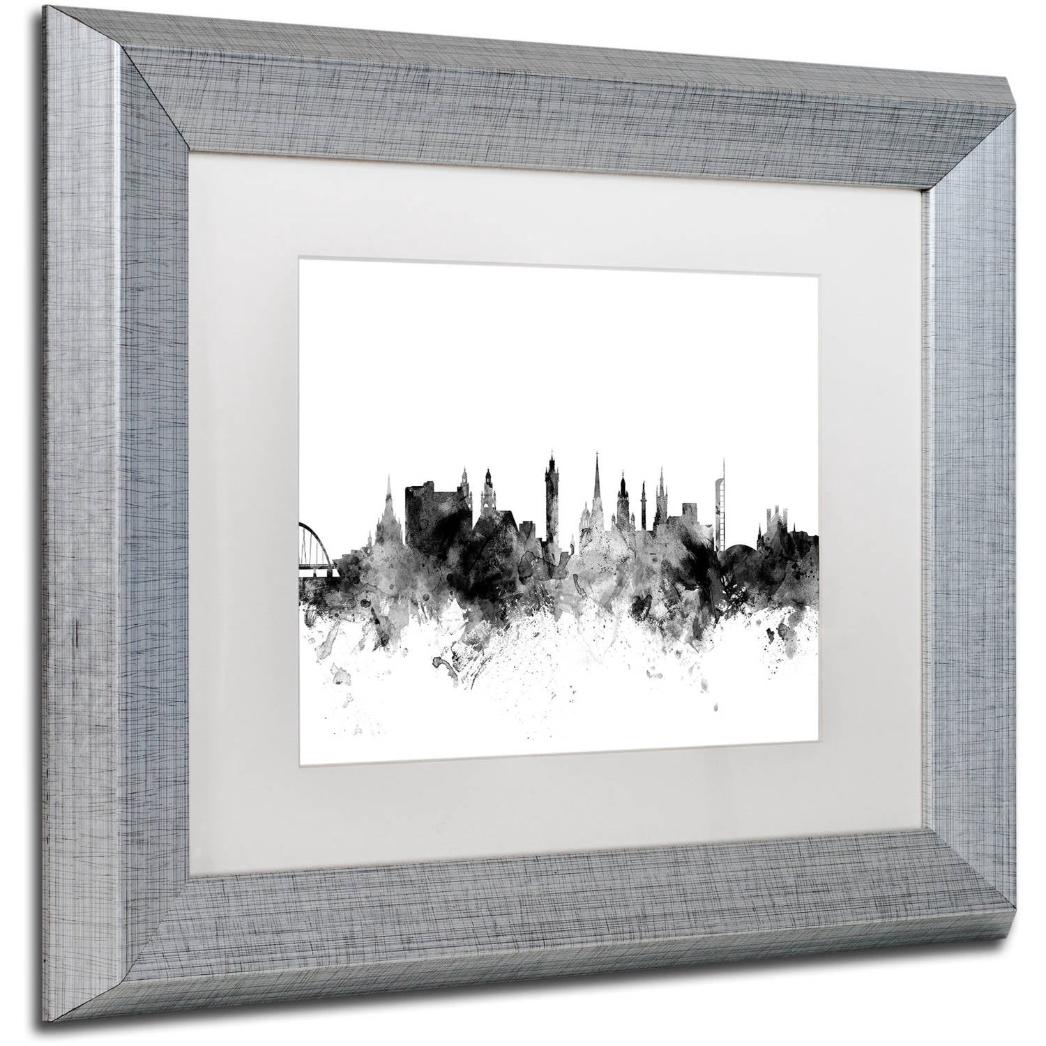 Trademark Fine Art "Glasgow Scotland Skyline B&W" Canvas Art by Michael Tompsett, White Matte, Silver Frame