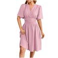 thumbnail image 2 of Fnooota Wedding Guest Dresses for Women, Vacation V Neck Short Sleeve Summer Midi Dresses Pink Size S-2XL, 2 of 8