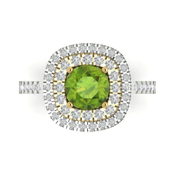 1.615 ctw with Simulated Diamond Halo Accents Anniversary Ring for Women | Round Cut Natural Peridot | Hyperallergenic Solid 14K White/Yellow Gold
