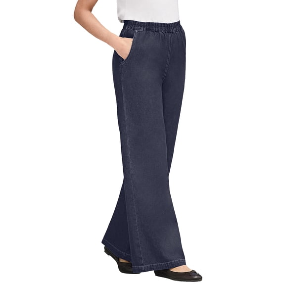 Woman Within Plus Size Petite Perfect Elastic-Waist Wide-Leg All-Cotton Pull-On Denim Jeans