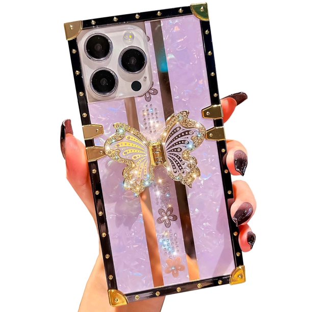 Funda compatible con iPhone de 16 a 6,1 pulgadas con purpurina de lujo, diseño de mariposa, plegable, con soporte, suave, con efecto espejo de policarbonato, antideslizante, para mujeres y niñas