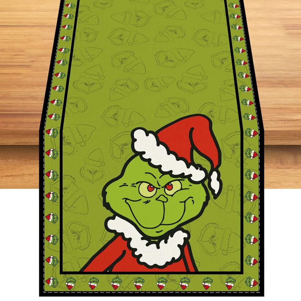 Linen Grinch Table Runner Merry Grinchmas Tablecloth Grinch Christmas