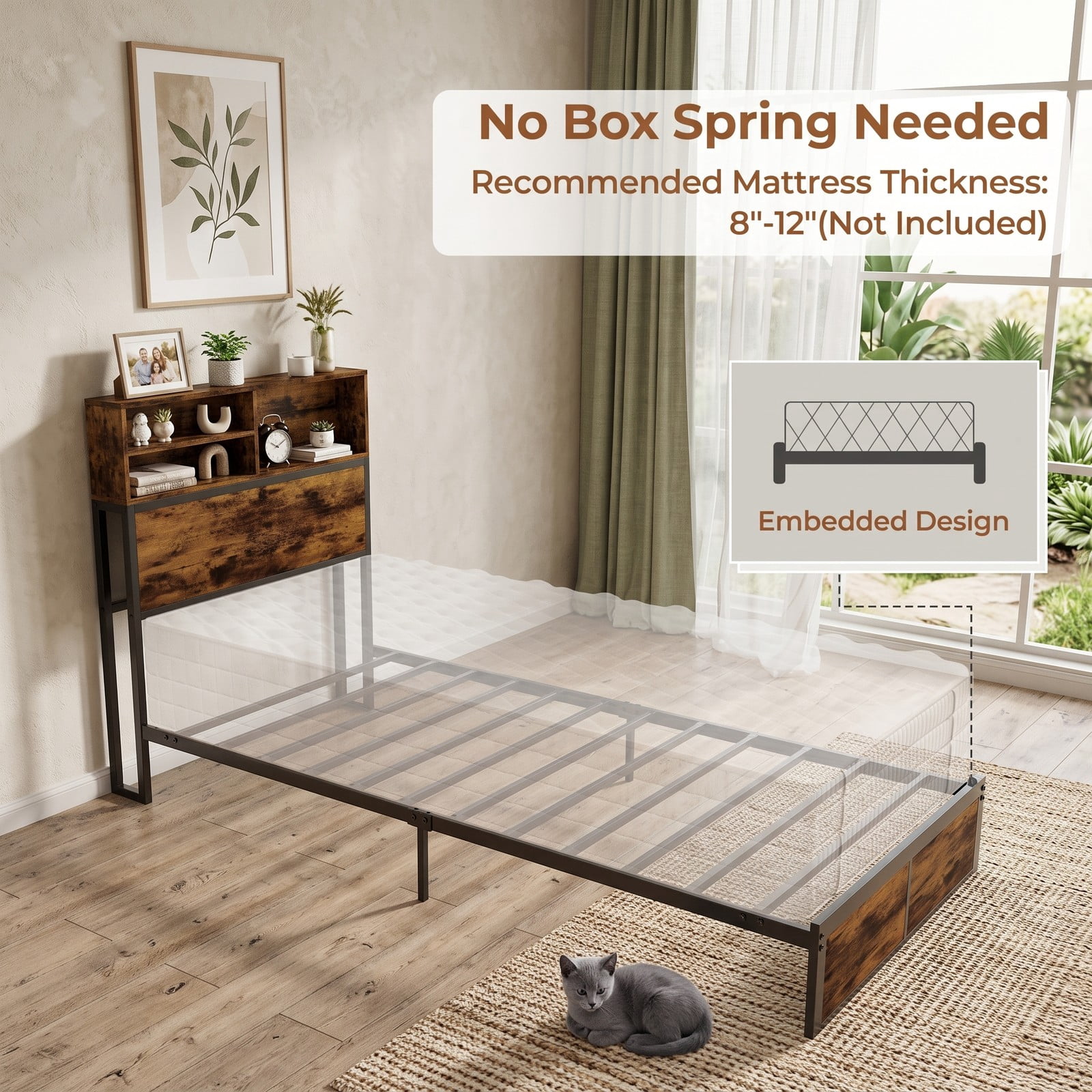 Furnibear Queen Bed Frame with Storage Headboard, Industrial Metal Platform Bed Frame with Charging Station and USB Ports, No Box Spring, Rustic Brown