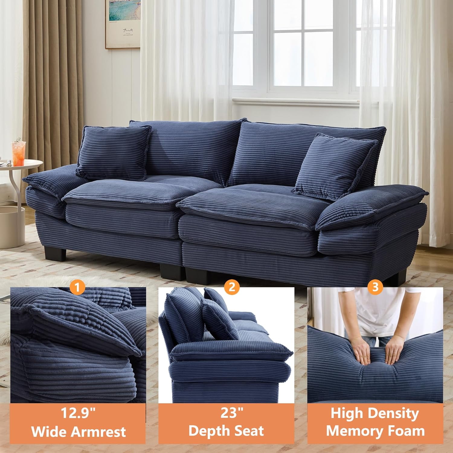 AENKYO 84" Corduroy Loveseat Sofa with Pillows, Modern 2-Seater Couch for Living Room,Blue