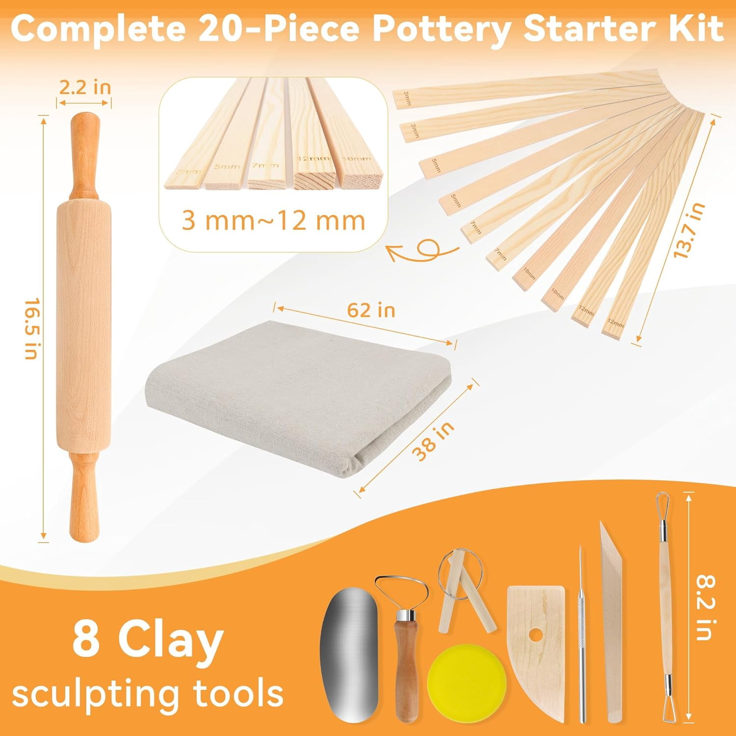 20Pcs Pottery Tools Kit for Adults, with 1 Wooden Rolling Pin, 10 Pottery Rolling Mud Sticks, 8 Clay Sculpting Tools and 1 Premium Linen for Ceramic, Polymer Clay & Beginners