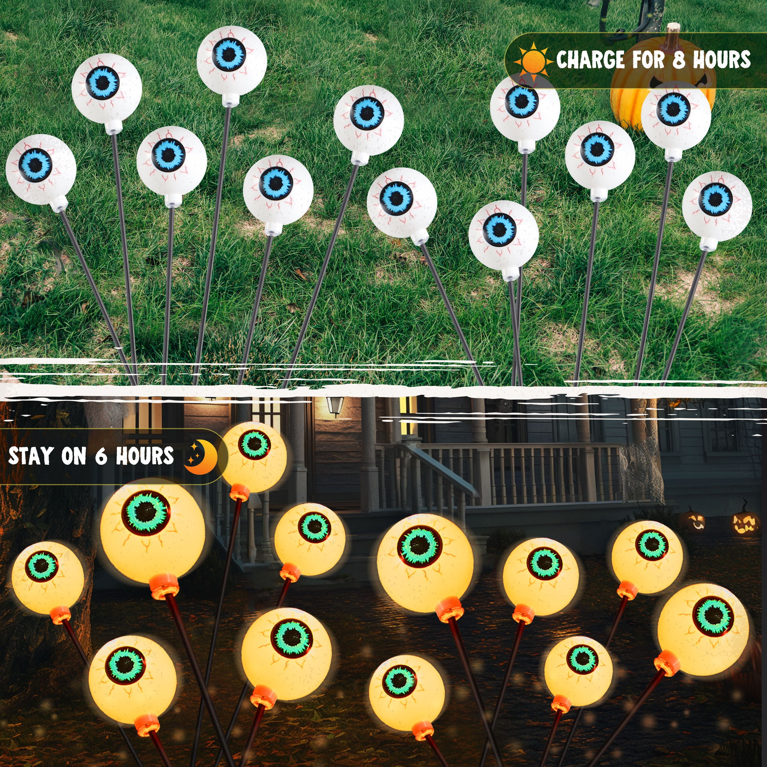 Joyfy 2 Pack Halloween Decorations Outdoor Solar Scary Eyeball Lights,Warm White Eyeball Swaying Firefly Lights,Waterproof Solar Halloween Path Lights for Yard Garden Lawn Decor