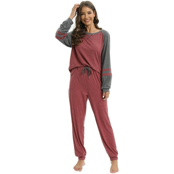 Women's Pajama Sets Long Sleeve Tops and Pants Round Neck Splicing Color Block Soft 2 Piece Sleepwear Loungewear Set with Pockets,S-2XL