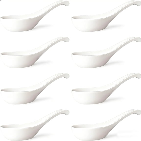 Asian Soup Spoons Set of 8, Ceramic Chinese Soup Spoons 7 Inch Japanese Spoon for Ramen Pho Dumpling Miso Wonton Noodles | Long Handle Flat Bottom Deep Oval Hook Design | White