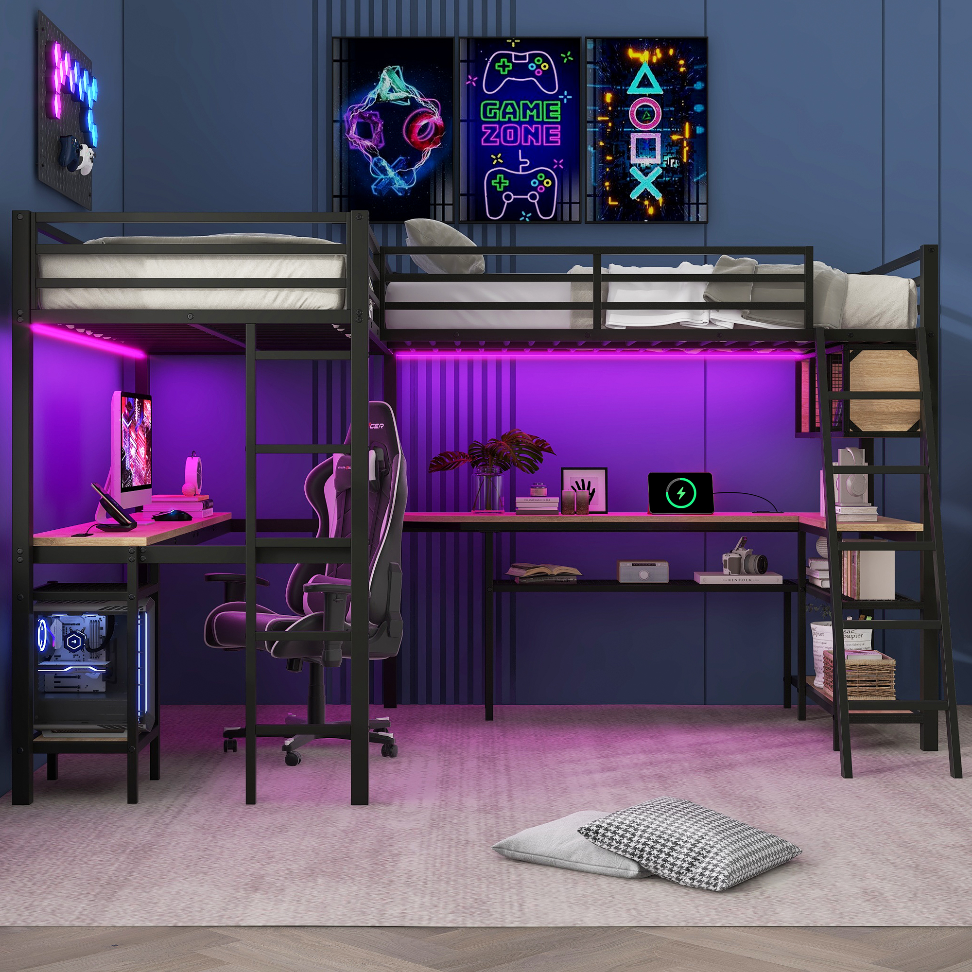 Euroco Twin L-Shaped Metal Loft Bed with Built-in Study Desk and Shelves, Gaming Bed with LED Light and USB Charging, Black