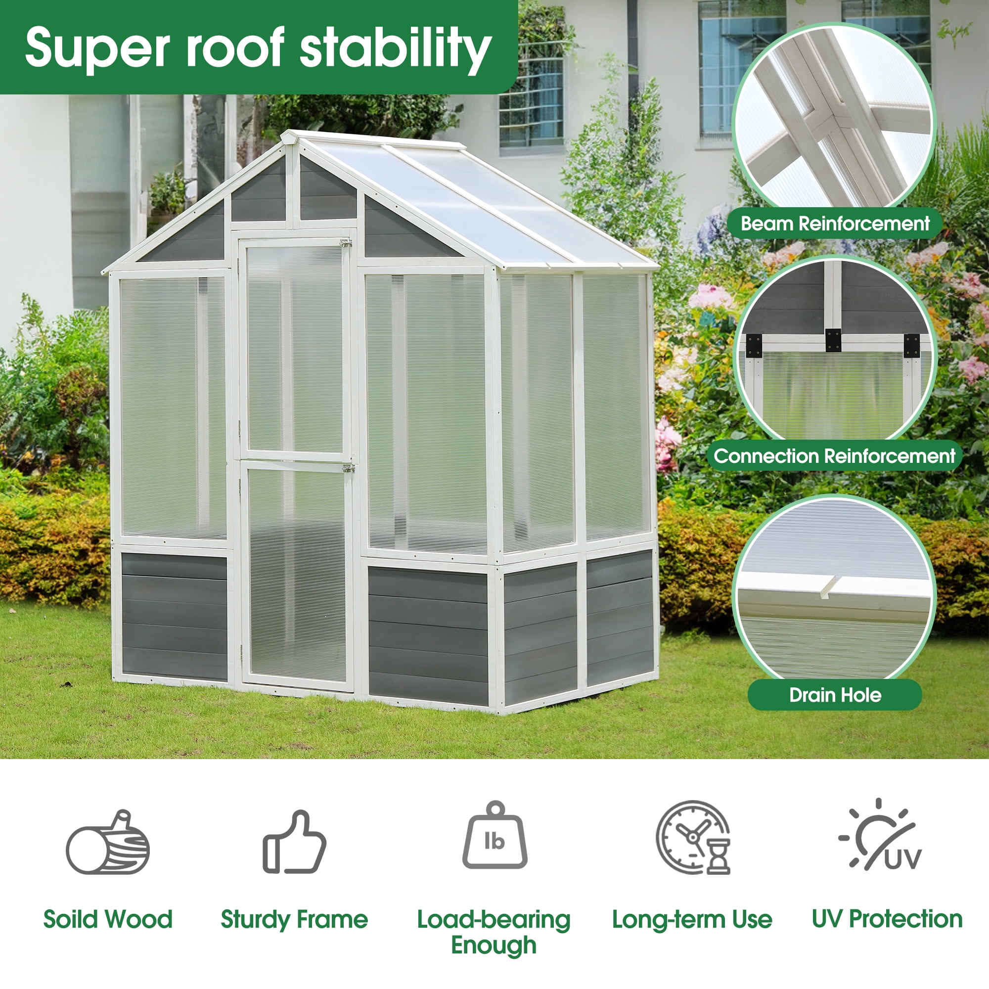 6' x 4' Walk-in Polycarbonate Greenhouse, Outdoor Garden Greenhouse for Plants in Winter, Grow House with Sturdy Cold Wooden Frame, Drain Hole and Front Entry Doors, D6338