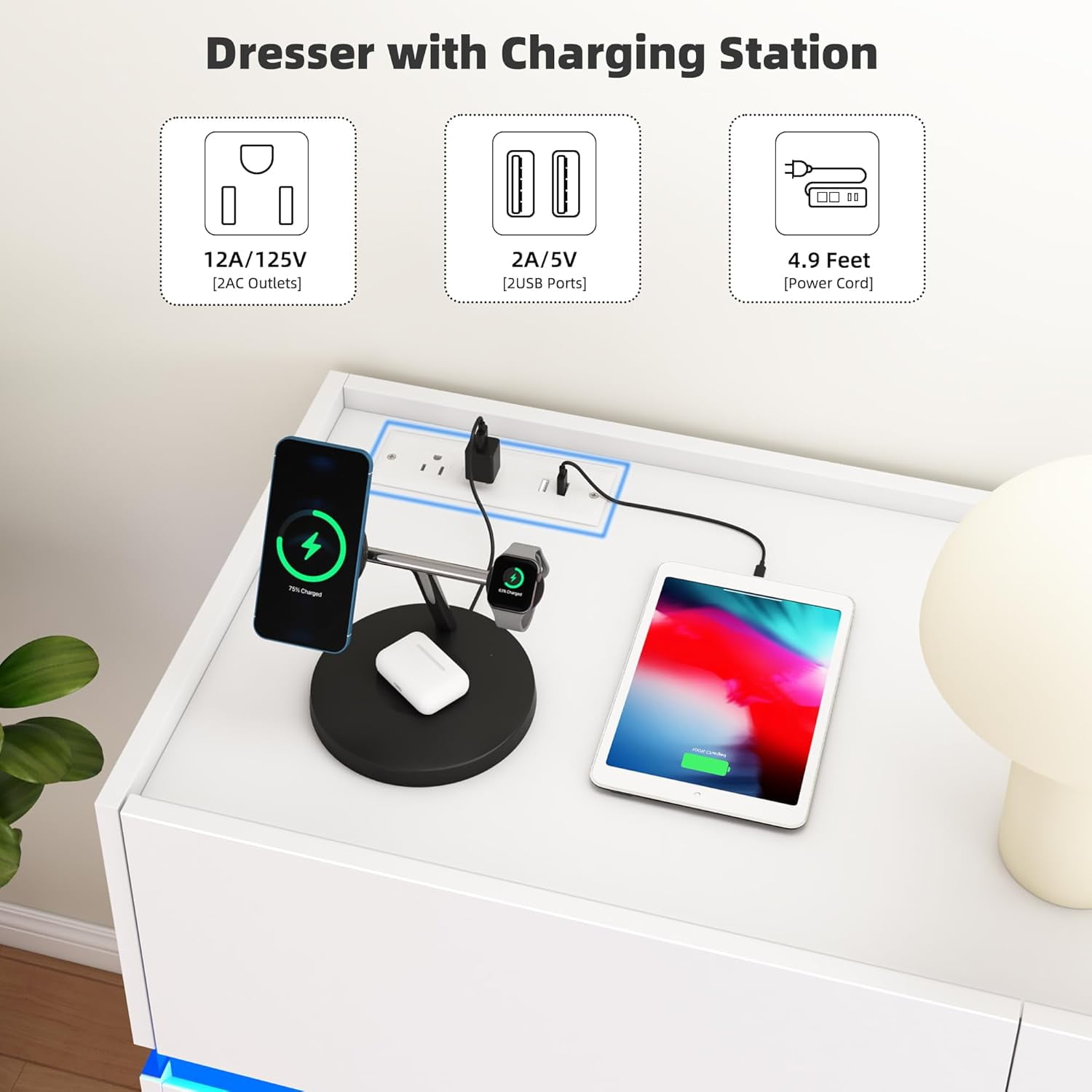 HAUXITIO 6 Drawer Dresser Chest with Charging Station and LED Lights for Bedroom, Modern TV Stand Cabinet, White