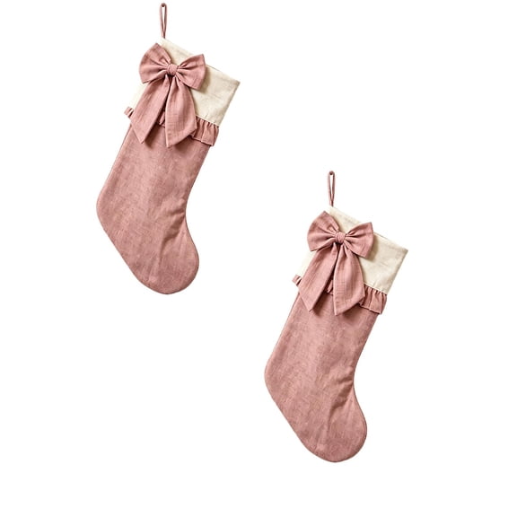 2 Pack Christmas Stockings, Retro Bow Holiday Stocking Set for Fireplace Mantel, 18-Inch Stair Railing, Door & Christmas Tree, Cozy Xmas Home Decor Pink