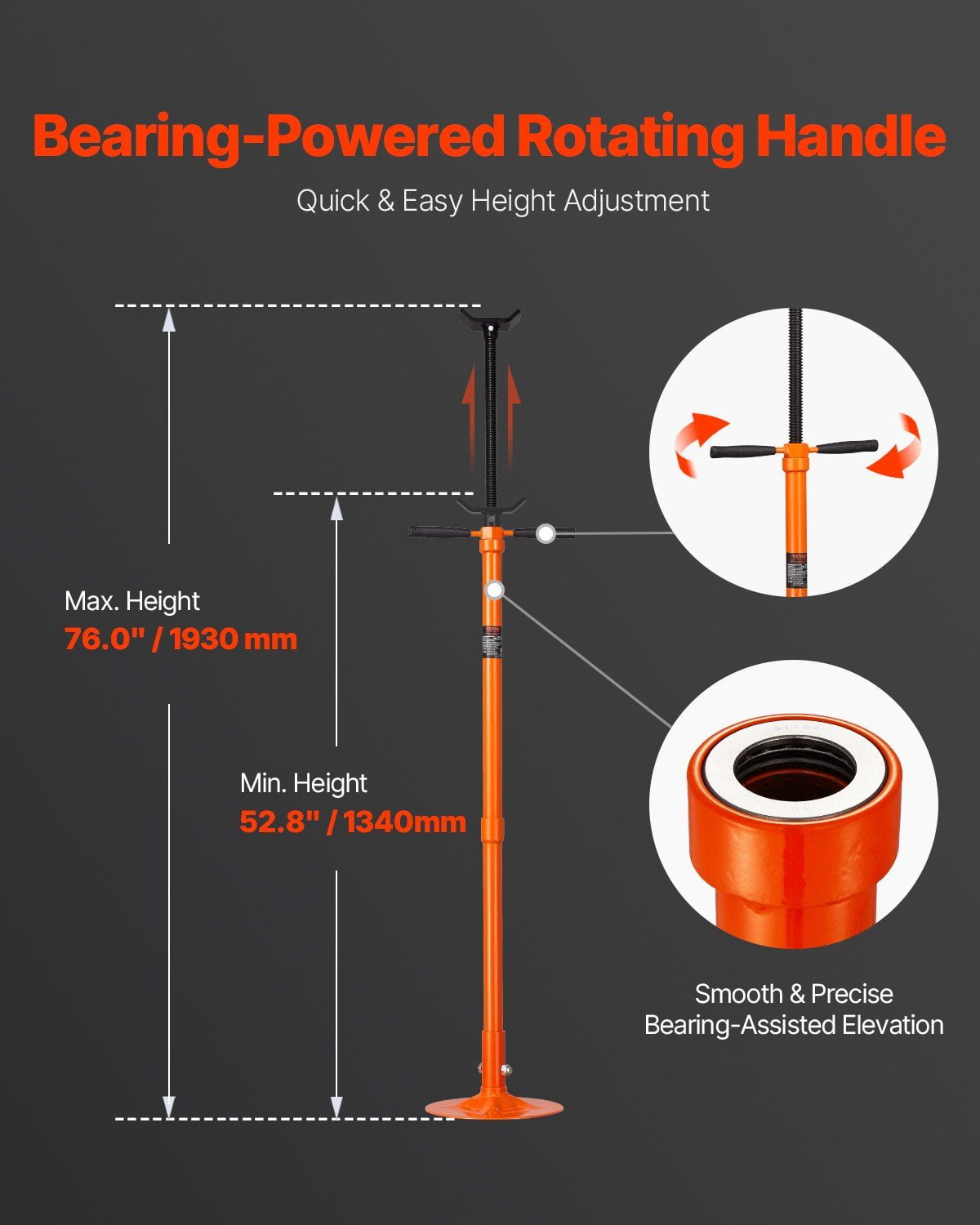 3/4 Ton Underhoist Stand - Adjustable Height 52.8-76 in - Spin Handle Threaded Screw Jack