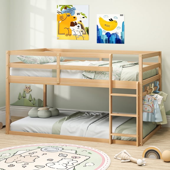 Joywind Solid Wood Twin-over-Twin Bunk Bed with Ladder and Full Guardrails Beige