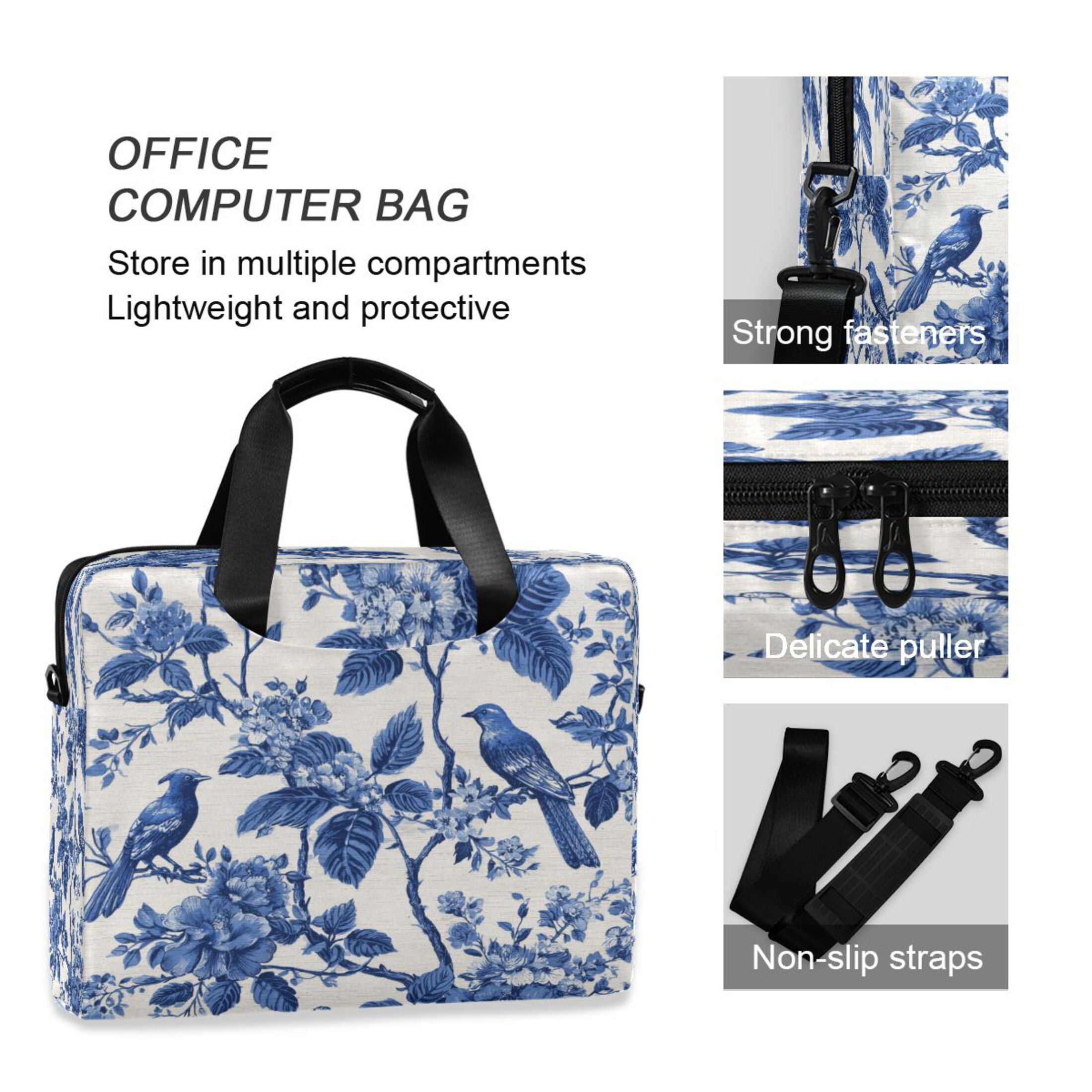 16" Laptop Tote Bag Laptop Sleeve Case Computer Briefcase for Work & Travel Blue Flowers and Birds