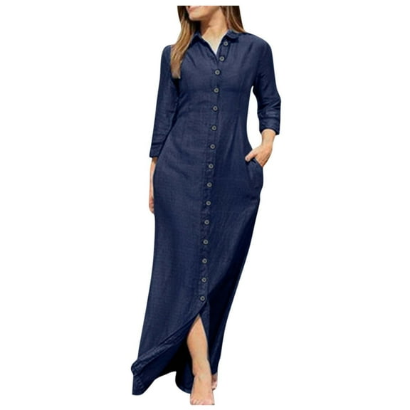 Women's Long Denim Shirt Dress Turndown Collar Loose Comfortable Button Up Full Sleeve Maxi Dress with Pocket
