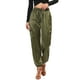 thumbnail image 5 of Pantalones cargo de satén para mujer Inspire Chic, de cintura alta, con cintura elástica, casuales, 3XL, verdes, 5 of 7