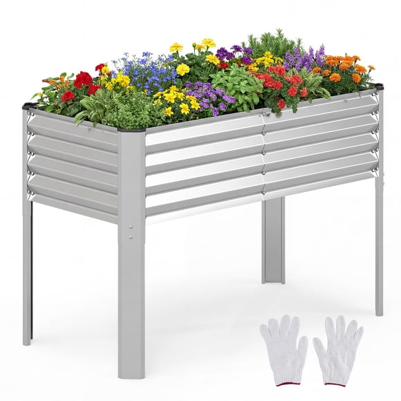 Costway 1 PCS Galvanized Raised Garden Bed with Legs, Metal Elevated Planter Box for Vegetables Sliver