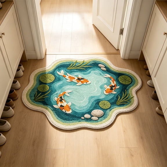 Koi Fish Shaped Area Rug, Fish‑Pond Themed Non‑Slip Washable Floor Mat, Stylish Modern Home Decor Carpet for Bedroom, Living Room, Bathroom and Household Indoor Space Decoration