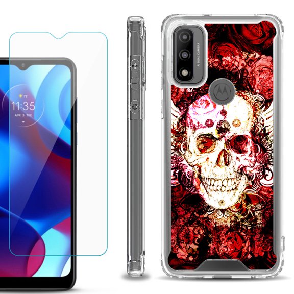Shockproof Bumper Phone Case for Motorola Moto G Pure, with Tempered Glass Screen Protector, by OneToughShield ® - Rose Skull