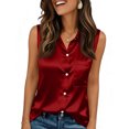 thumbnail image 4 of Womens Silk Satin Sleeveless Button Down Shirts Blouses Solid Casual Loose V Neck Classic Tank Tops for Work Office Red S, 4 of 4