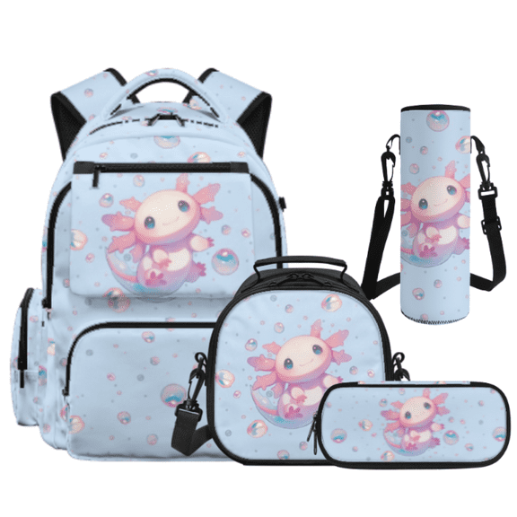 Binienty Axolotl Bubble Art 4 Piece School Backpack Set with Kids Backpacks Lunch Bags Pen Pouch Water Bottle Cover with Anti-Scratch Lightweight Kids Backpack Set