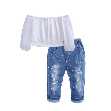 

COUTEXYI Girl s 2-piece Suit Ripped Jeans and Off Shoulder Long Sleeve Top