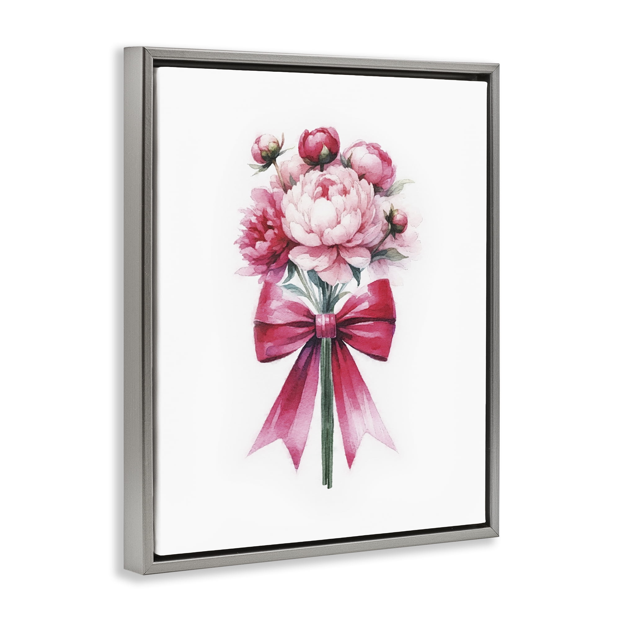 Stupell Industries Pink Ribbon Bouquet Plants & Flowers Painting Gray Floater Framed Canvas Art Print Wall Art, 25 x 31