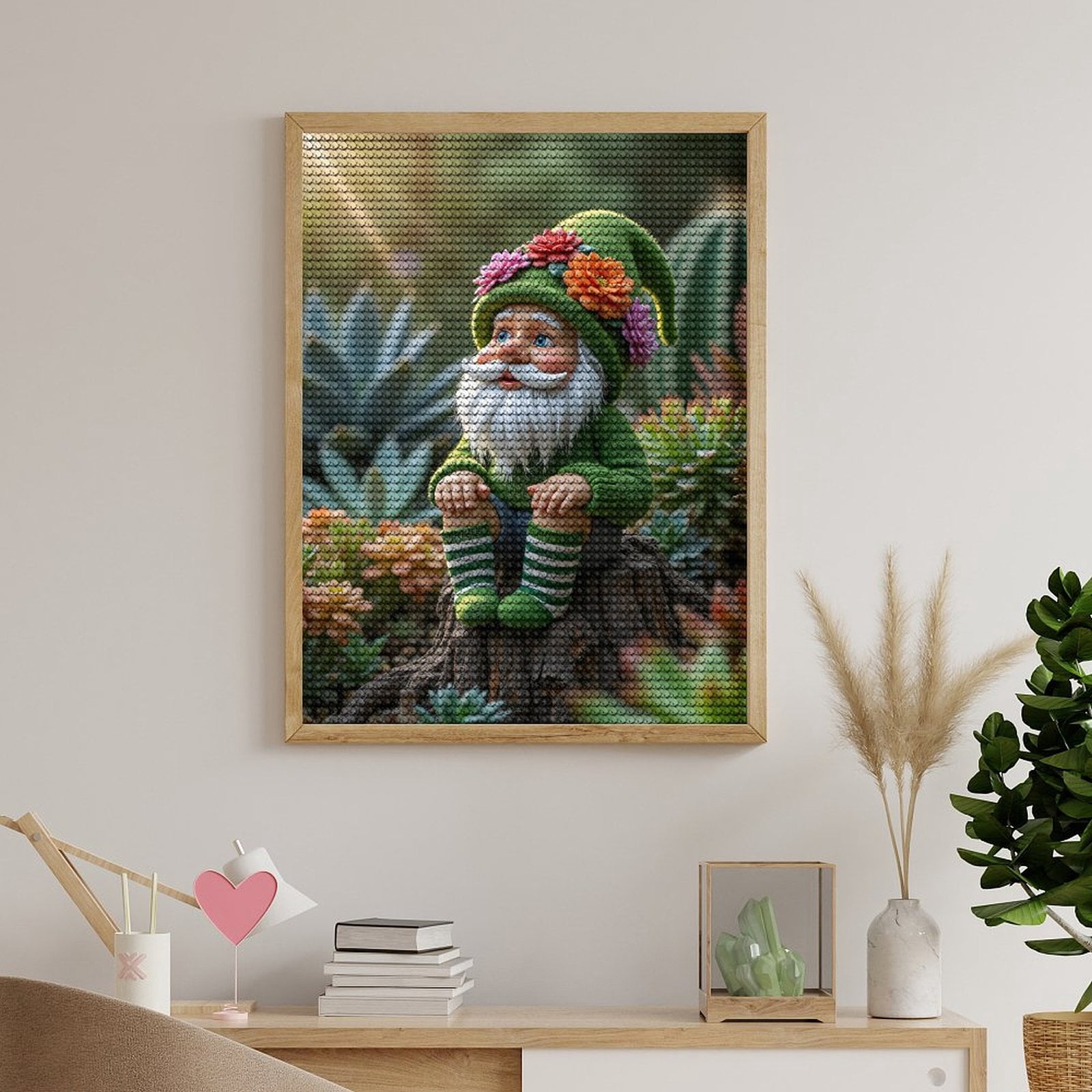 Diamond Art Kits for Adults, Garden Gnome Sitting Among Cacti 5D Diamond Painting Kits for Adults Beginners, DIY Full Drill Diamond Painting, Gem Art and Crafts 12x16