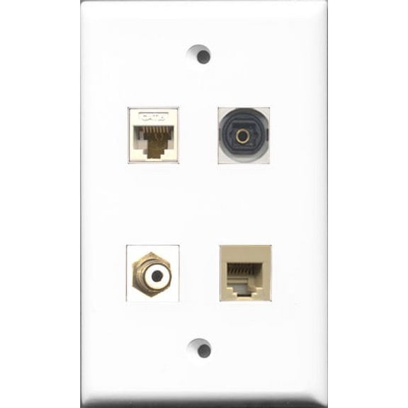 RiteAV 1 Port RCA White and 1 Port Phone RJ11 RJ12 Beige and 1 Port Toslink and 1 Port Cat6 Ethernet White Wall Plate