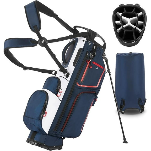 Stylish Golf Stand Bag, 14-Compartment Full-Length Stand/Cart Bag, Lightweight Design, Cross-Body Strap, Includes Rain Cover - Black/Gray/Blue