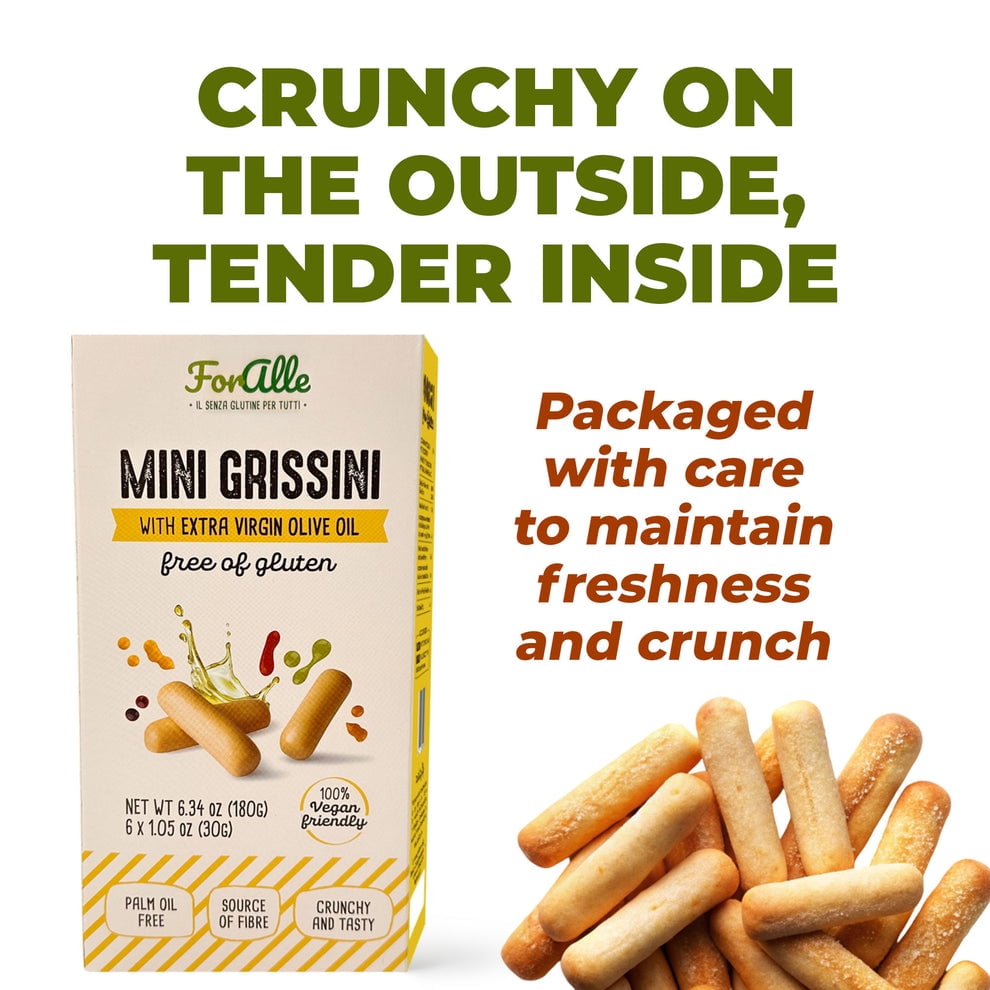 For Alle Gluten Free Mini Grissini with Extra Virgin Olive Oil, 6x1.05 oz (6.34 oz) – Traditional Italian Pugliese Snack. Oven-Baked. Vegan. Cholesterol-Free. (Pack of 2)