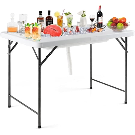 KOTEK Folding Ice Cooler Table with Drain and Skirt, Foldable Beverage Cooler Table Buffet Salad Cooler Server with Edge, Portable Chill Table for Party, Wedding, Picnic, Camping