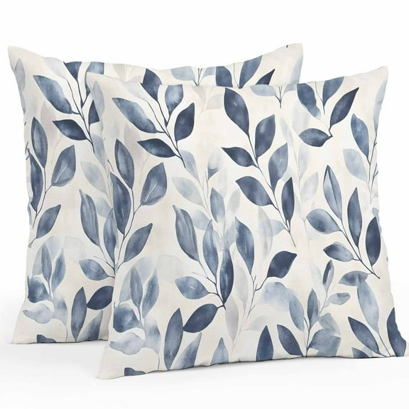 Waterproof Throw Pillow Covers Set of 2, 24x24 Inch Navy Blue Botanical Decorative Pillowcases Outdoor Pillow Slip Cushion Covers Set for Couch Tent Pastoral Spring Leaves Watercolor